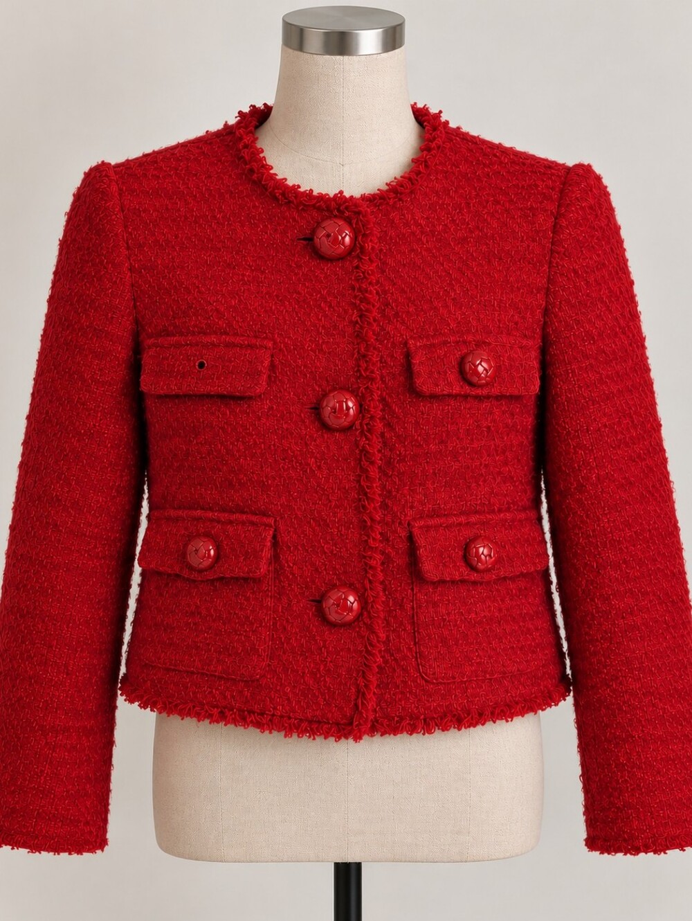 MNG Red Bouclé Tweed Fringe Jacket Blazer Size XXS